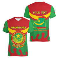 Personalised Mauritania Independence Day Women V-Neck T-Shirt Coat Of Arms With Map Flag Color - Wonder Print Shop