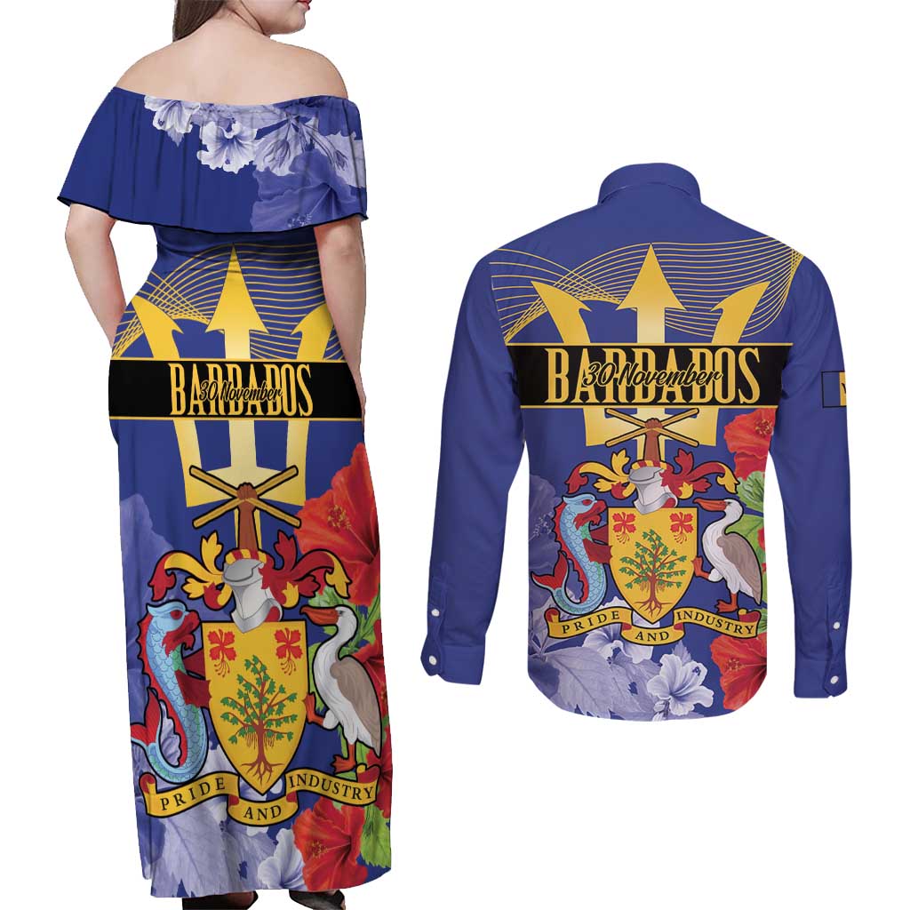 Barbados Independence Day Couples Matching Off Shoulder Maxi Dress and Long Sleeve Button Shirt 30 November Brown Pelican With Trident - Wonder Print Shop