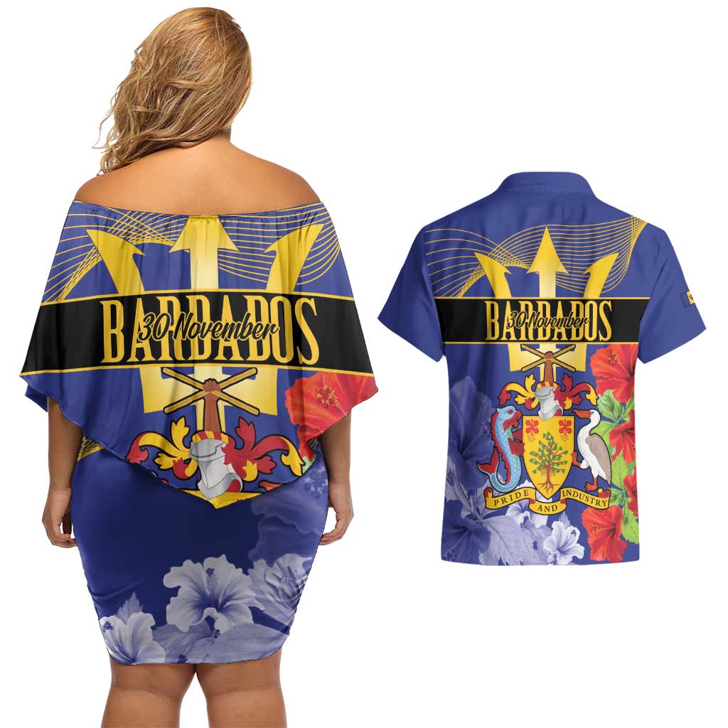 Barbados Independence Day Couples Matching Off Shoulder Short Dress and Hawaiian Shirt 30 November Brown Pelican With Trident - Wonder Print Shop