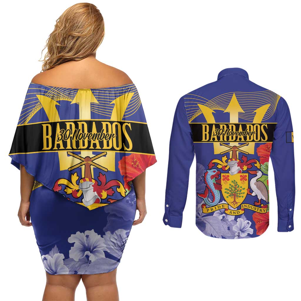 Barbados Independence Day Couples Matching Off Shoulder Short Dress and Long Sleeve Button Shirt 30 November Brown Pelican With Trident - Wonder Print Shop