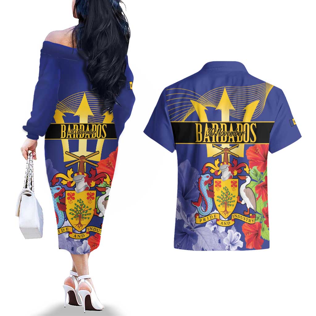 Barbados Independence Day Couples Matching Off The Shoulder Long Sleeve Dress and Hawaiian Shirt 30 November Brown Pelican With Trident - Wonder Print Shop