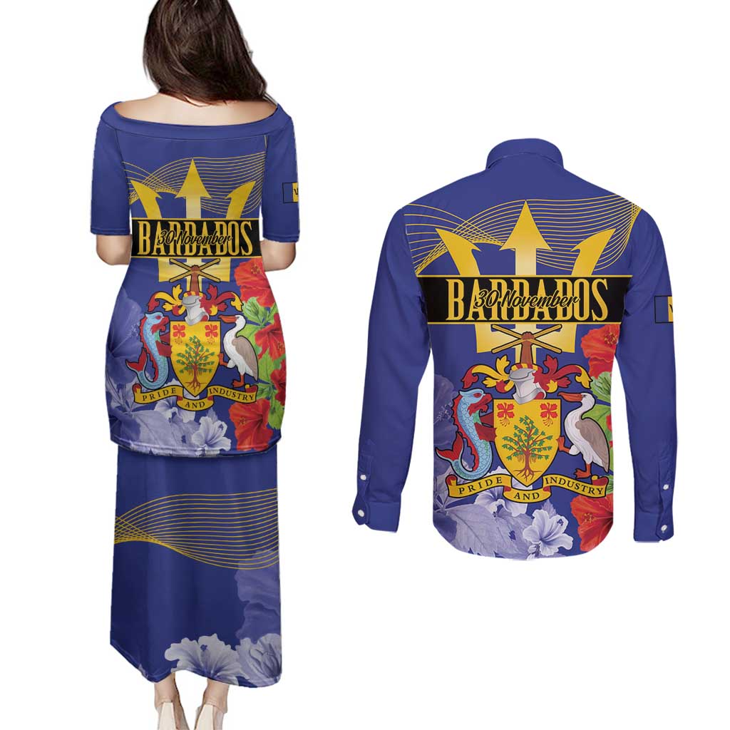 Barbados Independence Day Couples Matching Puletasi and Long Sleeve Button Shirt 30 November Brown Pelican With Trident - Wonder Print Shop