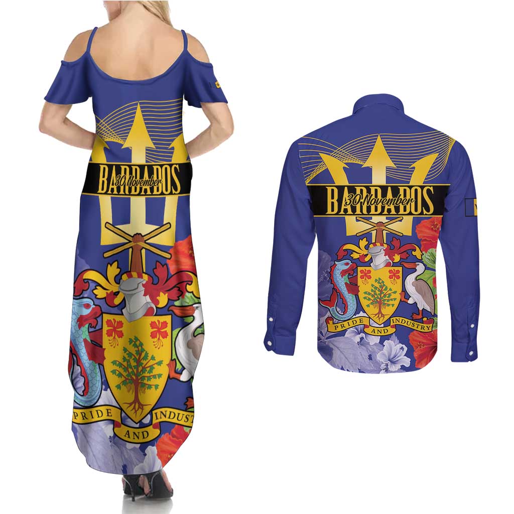 Barbados Independence Day Couples Matching Summer Maxi Dress and Long Sleeve Button Shirt 30 November Brown Pelican With Trident - Wonder Print Shop