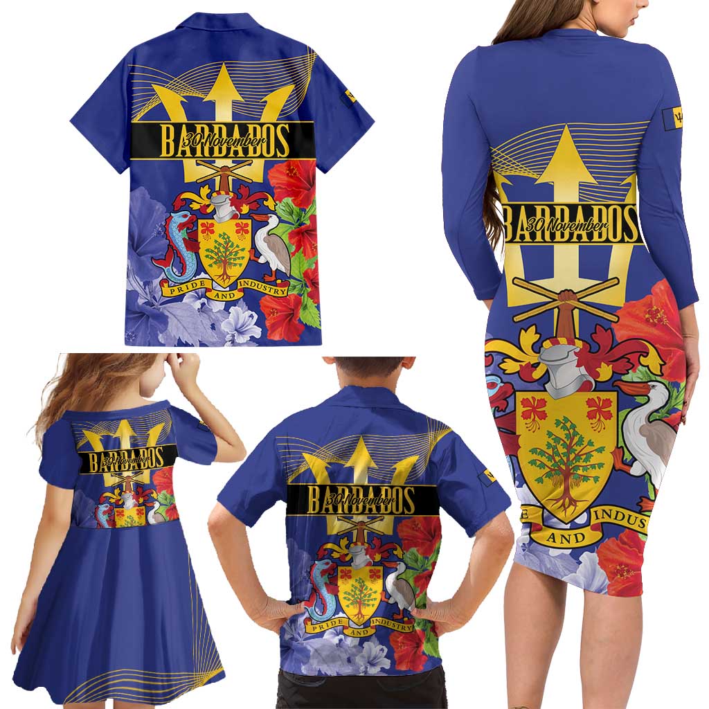 Barbados Independence Day Family Matching Long Sleeve Bodycon Dress and Hawaiian Shirt 30 November Brown Pelican With Trident - Wonder Print Shop