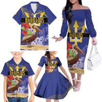 Barbados Independence Day Family Matching Off The Shoulder Long Sleeve Dress and Hawaiian Shirt 30 November Brown Pelican With Trident - Wonder Print Shop