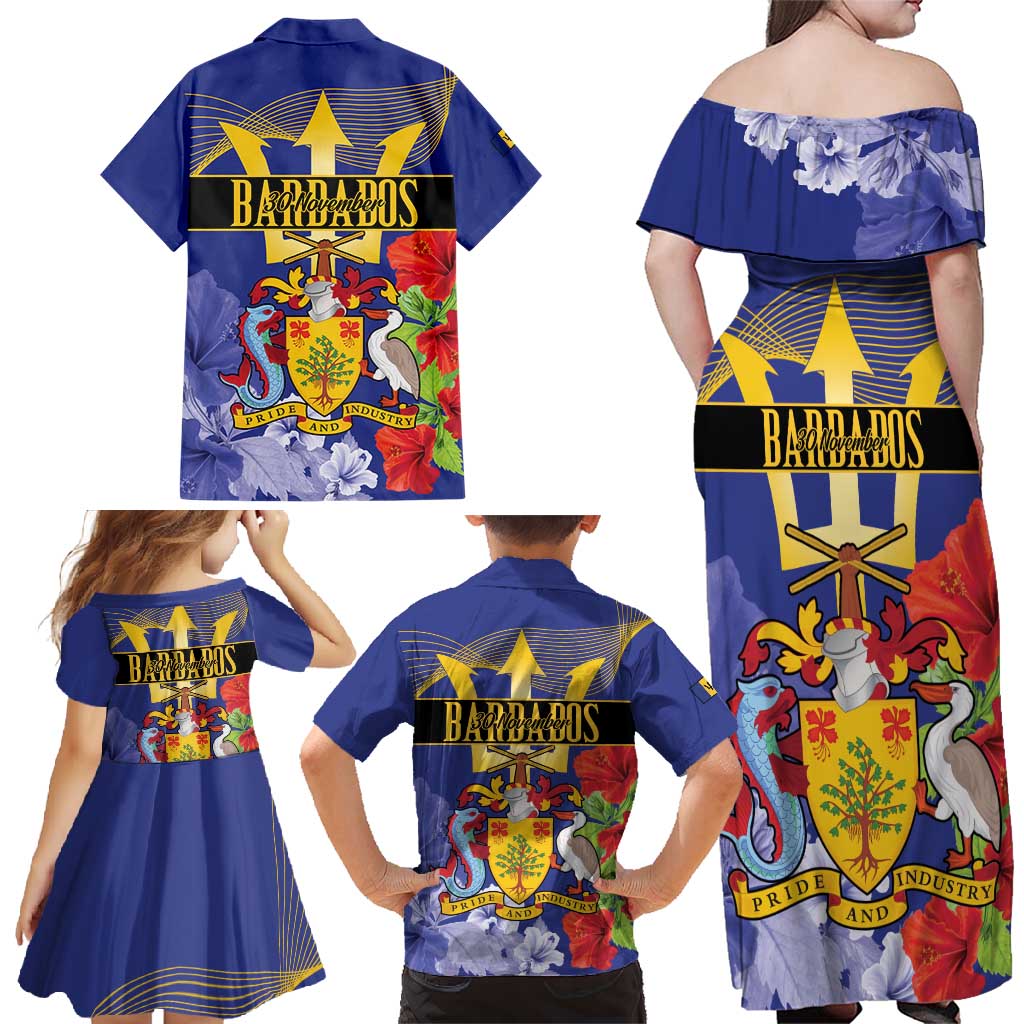 Barbados Independence Day Family Matching Off Shoulder Maxi Dress and Hawaiian Shirt 30 November Brown Pelican With Trident - Wonder Print Shop