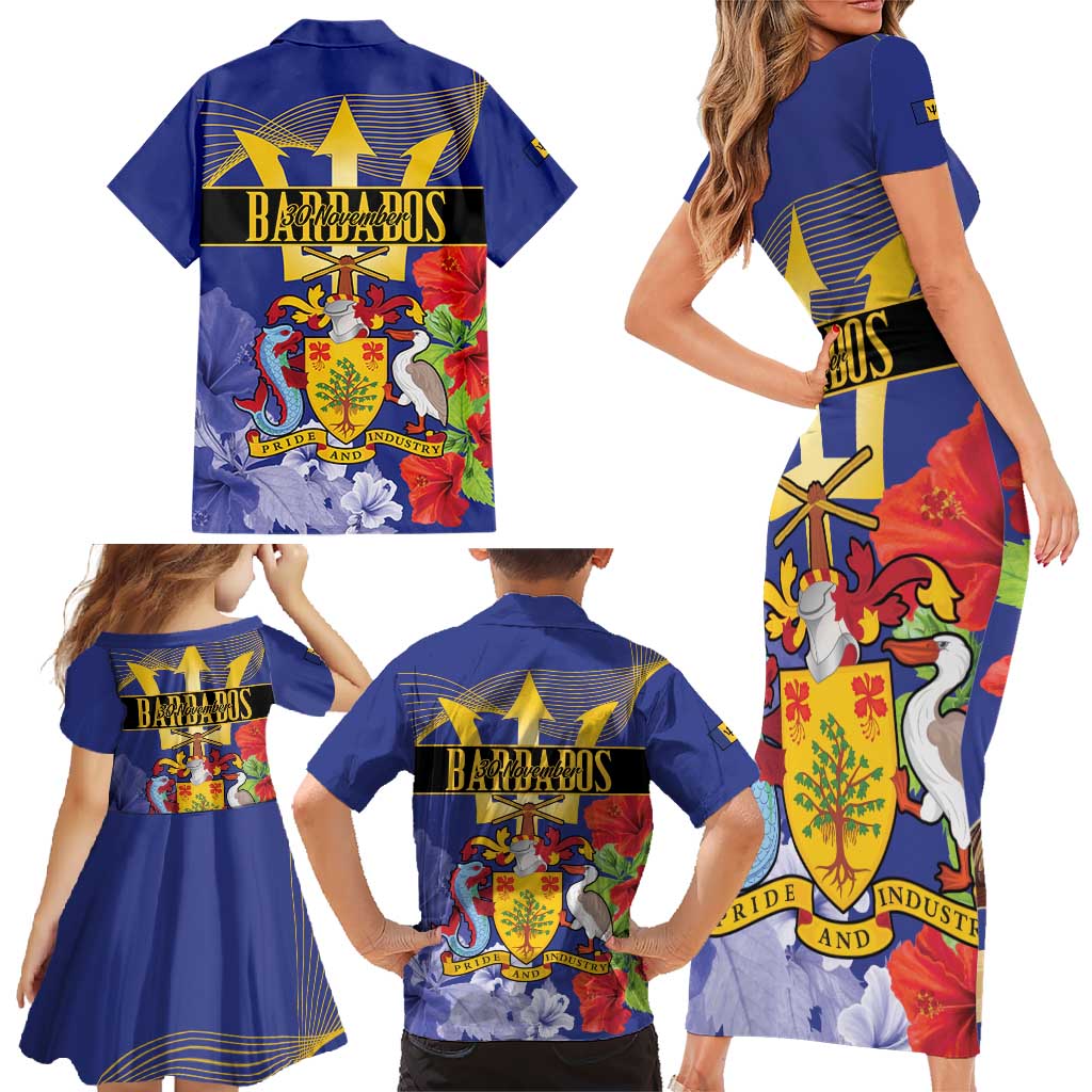 Barbados Independence Day Family Matching Short Sleeve Bodycon Dress and Hawaiian Shirt 30 November Brown Pelican With Trident - Wonder Print Shop