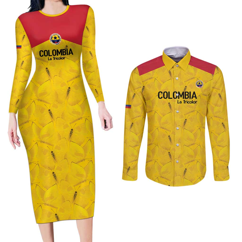 Colombia Football Custom Couples Matching Long Sleeve Bodycon Dress and Long Sleeve Button Shirt 2026 Butterflies Orange-barred Sulphur - Wonder Print Shop