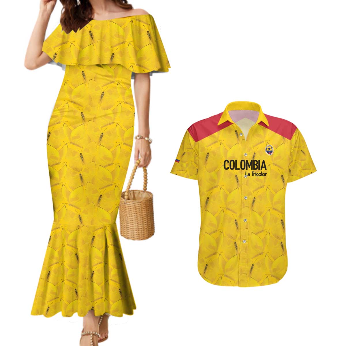 Colombia Football Custom Couples Matching Mermaid Dress and Hawaiian Shirt 2026 Butterflies Orange-barred Sulphur - Wonder Print Shop