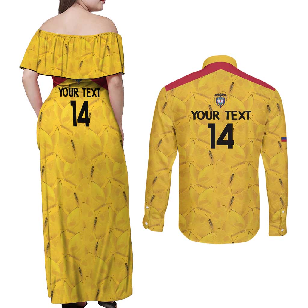 Colombia Football Custom Couples Matching Off Shoulder Maxi Dress and Long Sleeve Button Shirt 2026 Butterflies Orange-barred Sulphur - Wonder Print Shop