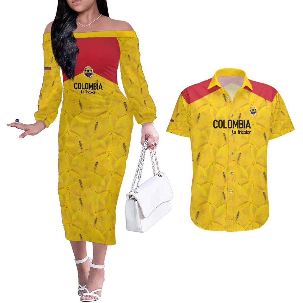 Colombia Football Custom Couples Matching Off The Shoulder Long Sleeve Dress and Hawaiian Shirt 2026 Butterflies Orange-barred Sulphur - Wonder Print Shop