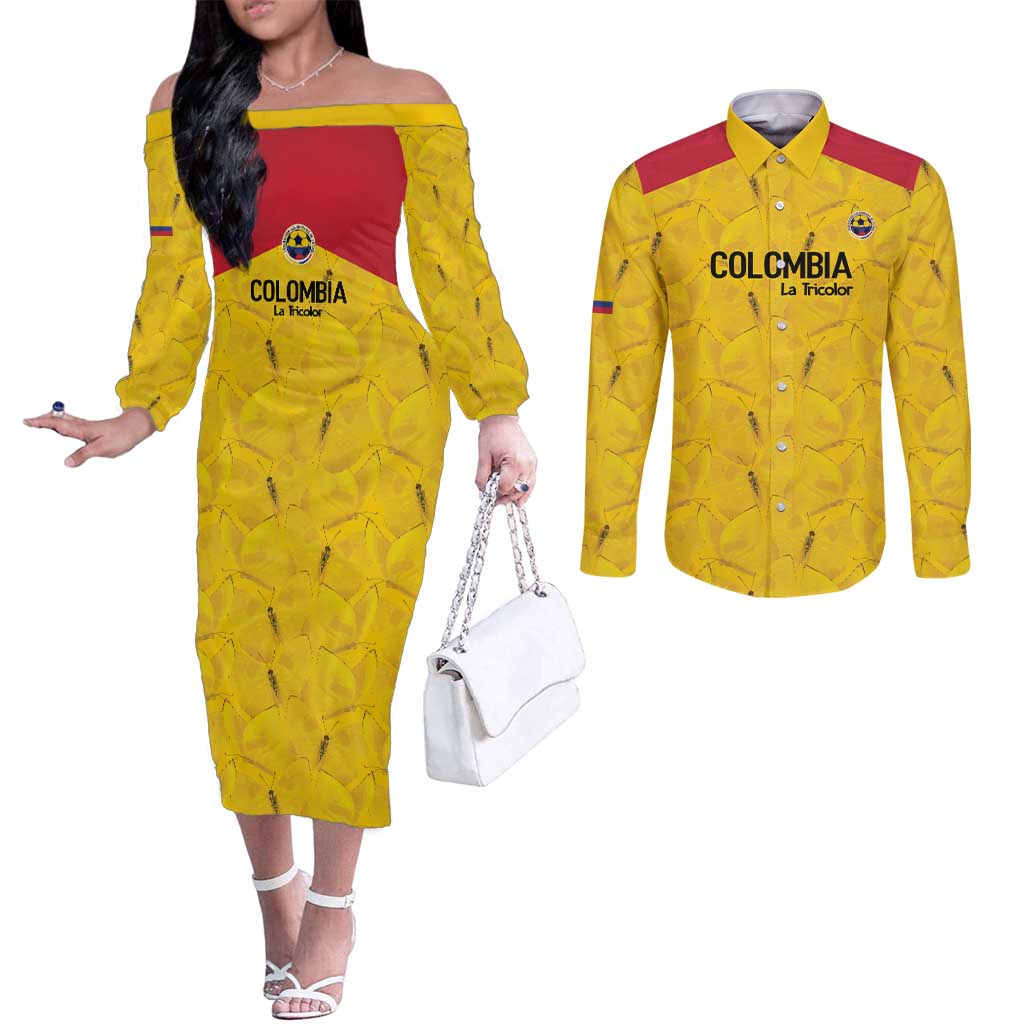 Colombia Football Custom Couples Matching Off The Shoulder Long Sleeve Dress and Long Sleeve Button Shirt 2026 Butterflies Orange-barred Sulphur - Wonder Print Shop