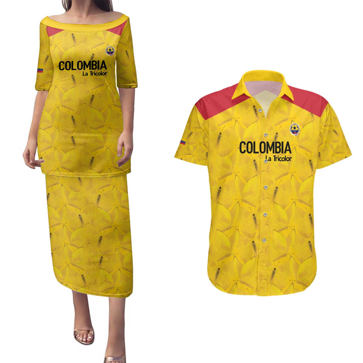 Colombia Football Custom Couples Matching Puletasi and Hawaiian Shirt 2026 Butterflies Orange-barred Sulphur - Wonder Print Shop