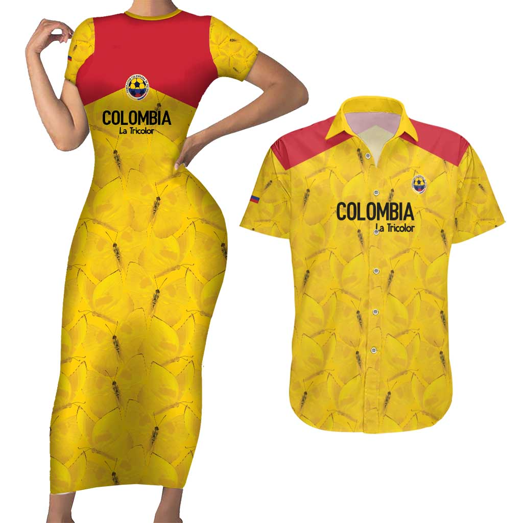 Colombia Football Custom Couples Matching Short Sleeve Bodycon Dress and Hawaiian Shirt 2026 Butterflies Orange-barred Sulphur - Wonder Print Shop