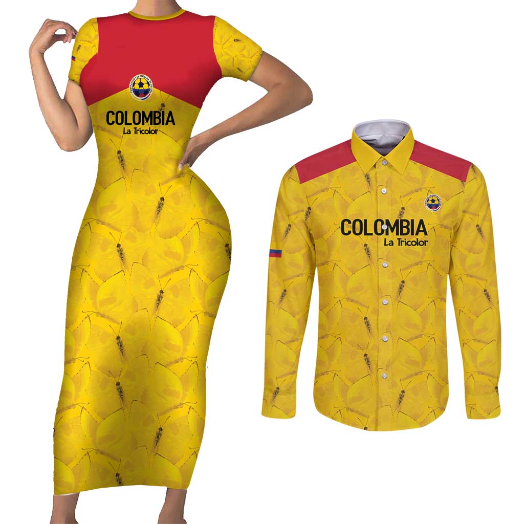 Colombia Football Custom Couples Matching Short Sleeve Bodycon Dress and Long Sleeve Button Shirt 2026 Butterflies Orange-barred Sulphur - Wonder Print Shop