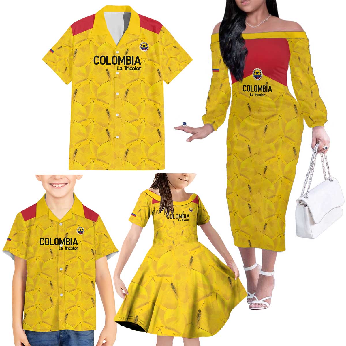 Colombia Football Custom Family Matching Off The Shoulder Long Sleeve Dress and Hawaiian Shirt 2026 Butterflies Orange-barred Sulphur - Wonder Print Shop