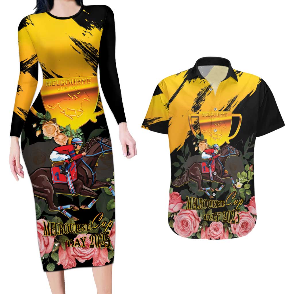 Personalised Australia Melbourne Cup Day Couples Matching Long Sleeve Bodycon Dress and Hawaiian Shirt Horse Racing Trophy With Roses - Wonder Print Shop