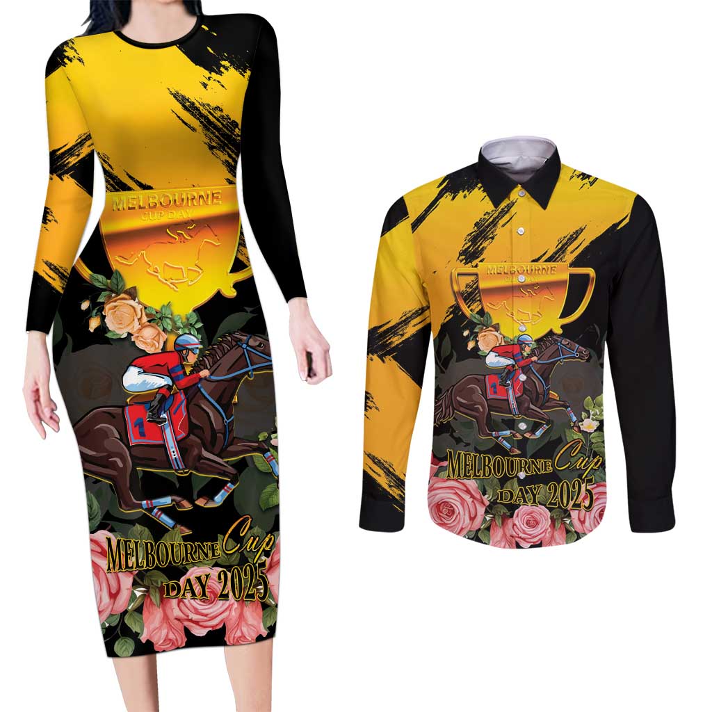 Personalised Australia Melbourne Cup Day Couples Matching Long Sleeve Bodycon Dress and Long Sleeve Button Shirt Horse Racing Trophy With Roses - Wonder Print Shop
