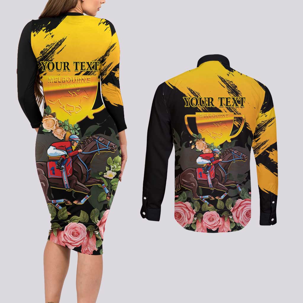 Personalised Australia Melbourne Cup Day Couples Matching Long Sleeve Bodycon Dress and Long Sleeve Button Shirt Horse Racing Trophy With Roses - Wonder Print Shop