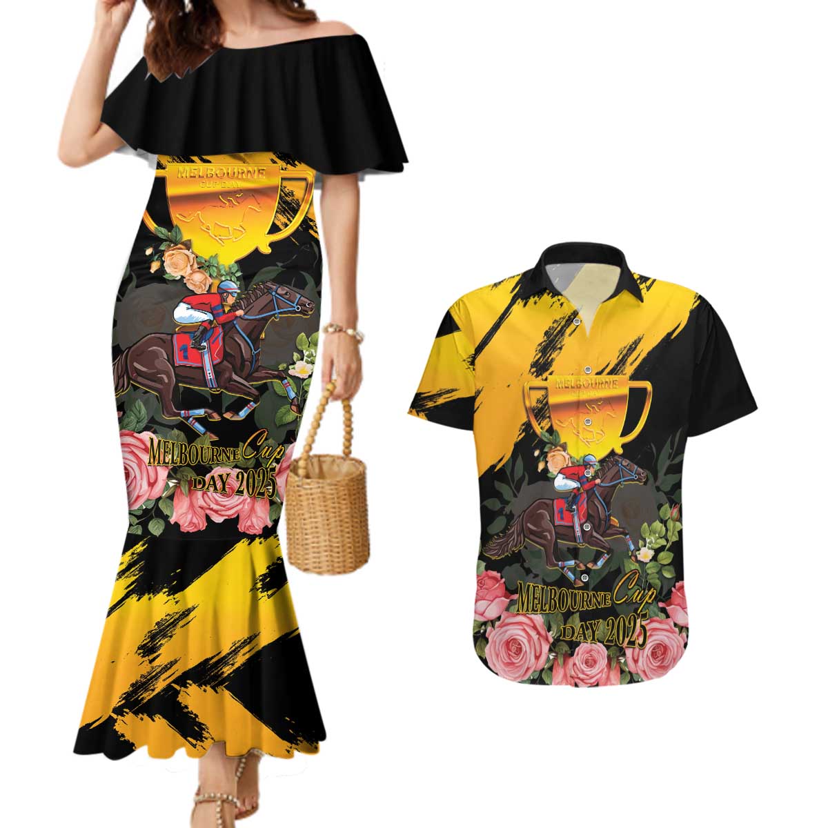 Personalised Australia Melbourne Cup Day Couples Matching Mermaid Dress and Hawaiian Shirt Horse Racing Trophy With Roses - Wonder Print Shop