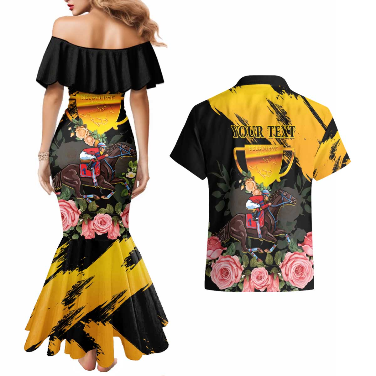 Personalised Australia Melbourne Cup Day Couples Matching Mermaid Dress and Hawaiian Shirt Horse Racing Trophy With Roses - Wonder Print Shop