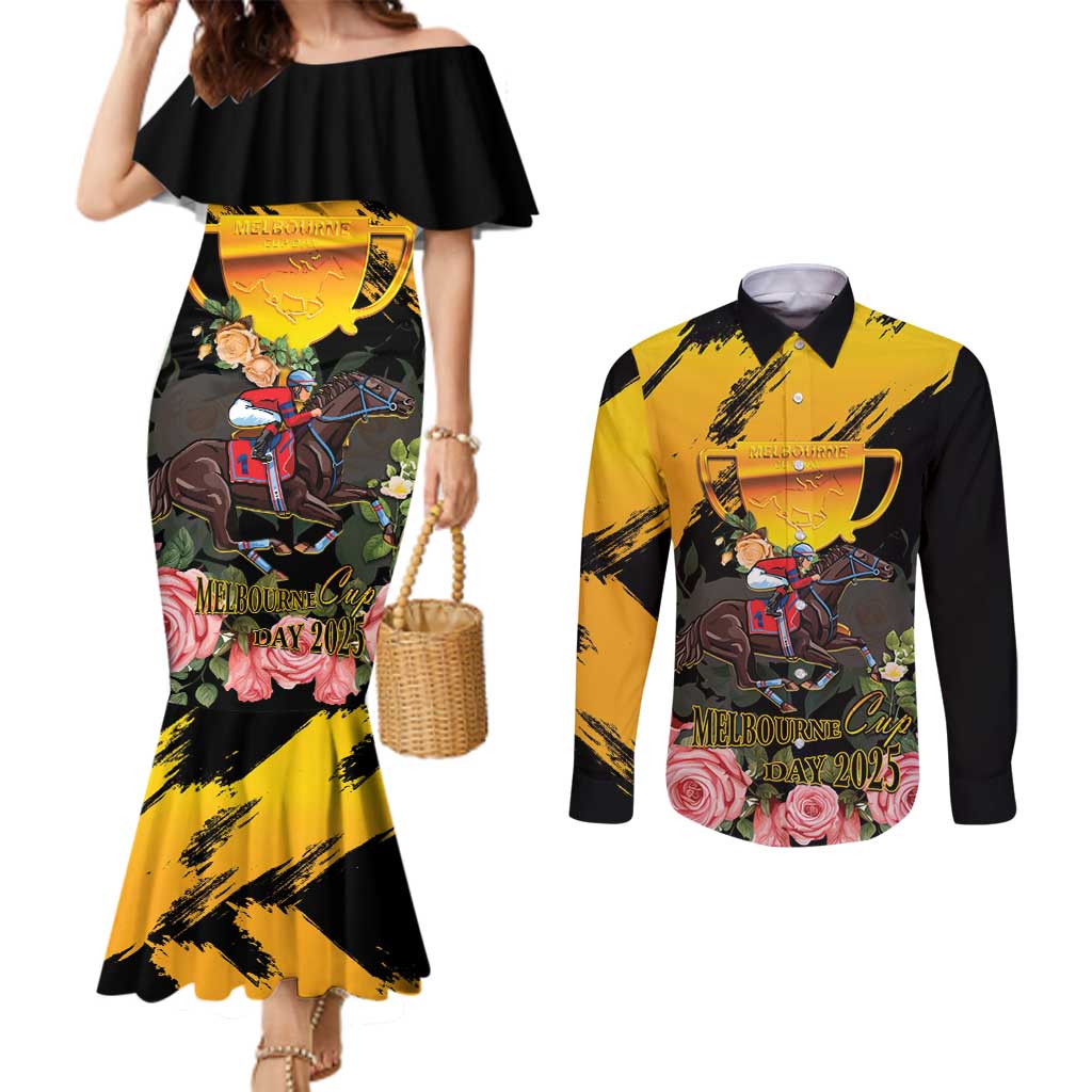 Personalised Australia Melbourne Cup Day Couples Matching Mermaid Dress and Long Sleeve Button Shirt Horse Racing Trophy With Roses - Wonder Print Shop
