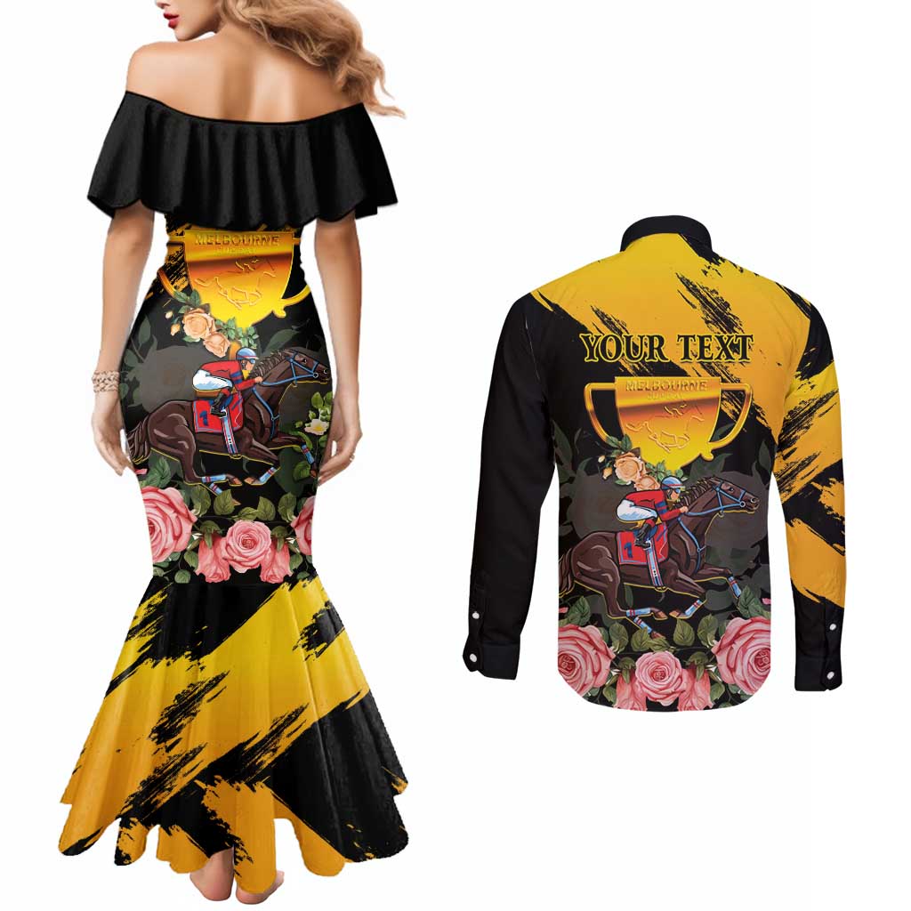 Personalised Australia Melbourne Cup Day Couples Matching Mermaid Dress and Long Sleeve Button Shirt Horse Racing Trophy With Roses - Wonder Print Shop
