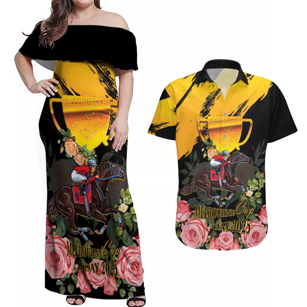 Personalised Australia Melbourne Cup Day Couples Matching Off Shoulder Maxi Dress and Hawaiian Shirt Horse Racing Trophy With Roses - Wonder Print Shop