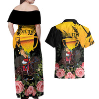 Personalised Australia Melbourne Cup Day Couples Matching Off Shoulder Maxi Dress and Hawaiian Shirt Horse Racing Trophy With Roses - Wonder Print Shop