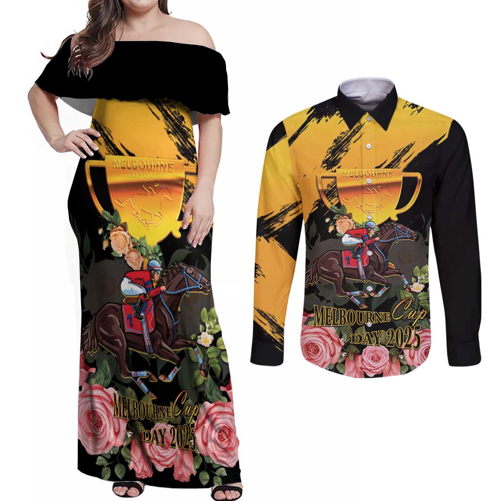 Personalised Australia Melbourne Cup Day Couples Matching Off Shoulder Maxi Dress and Long Sleeve Button Shirt Horse Racing Trophy With Roses - Wonder Print Shop