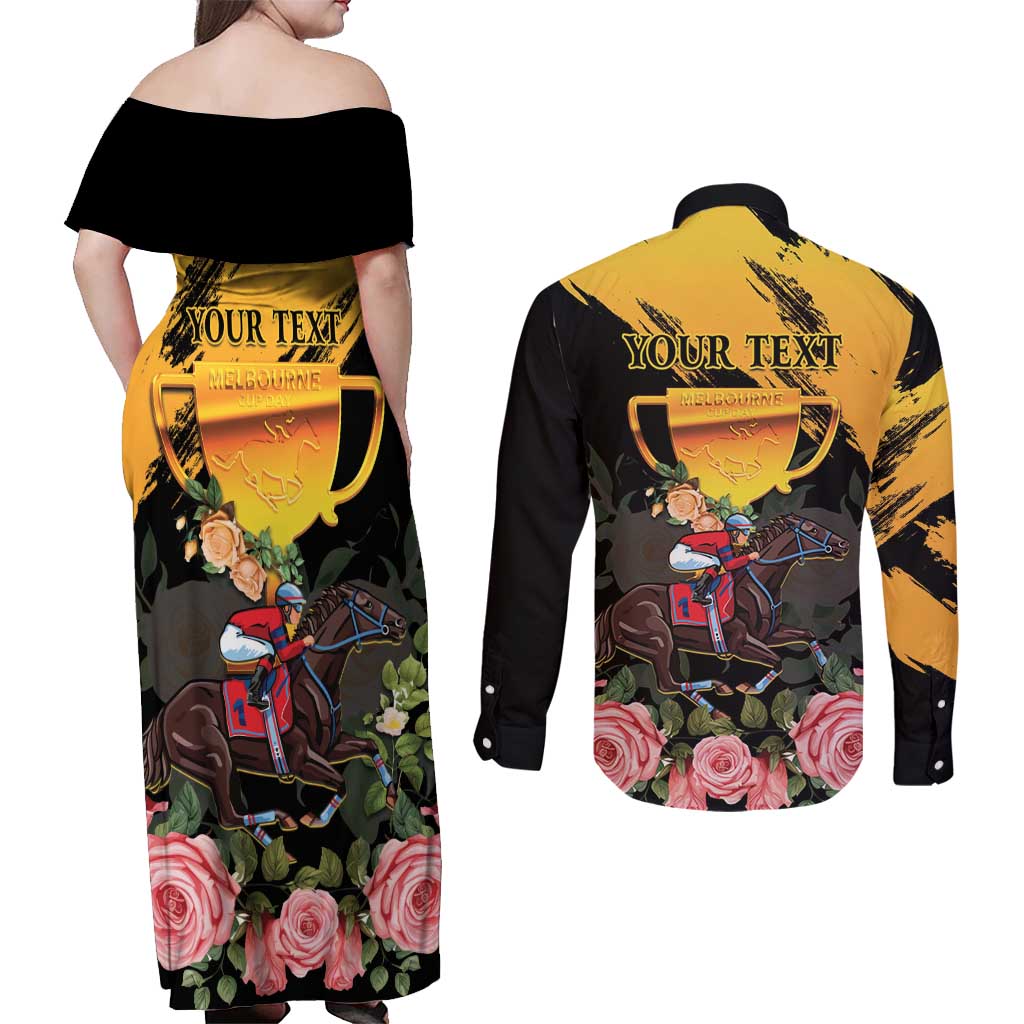 Personalised Australia Melbourne Cup Day Couples Matching Off Shoulder Maxi Dress and Long Sleeve Button Shirt Horse Racing Trophy With Roses - Wonder Print Shop