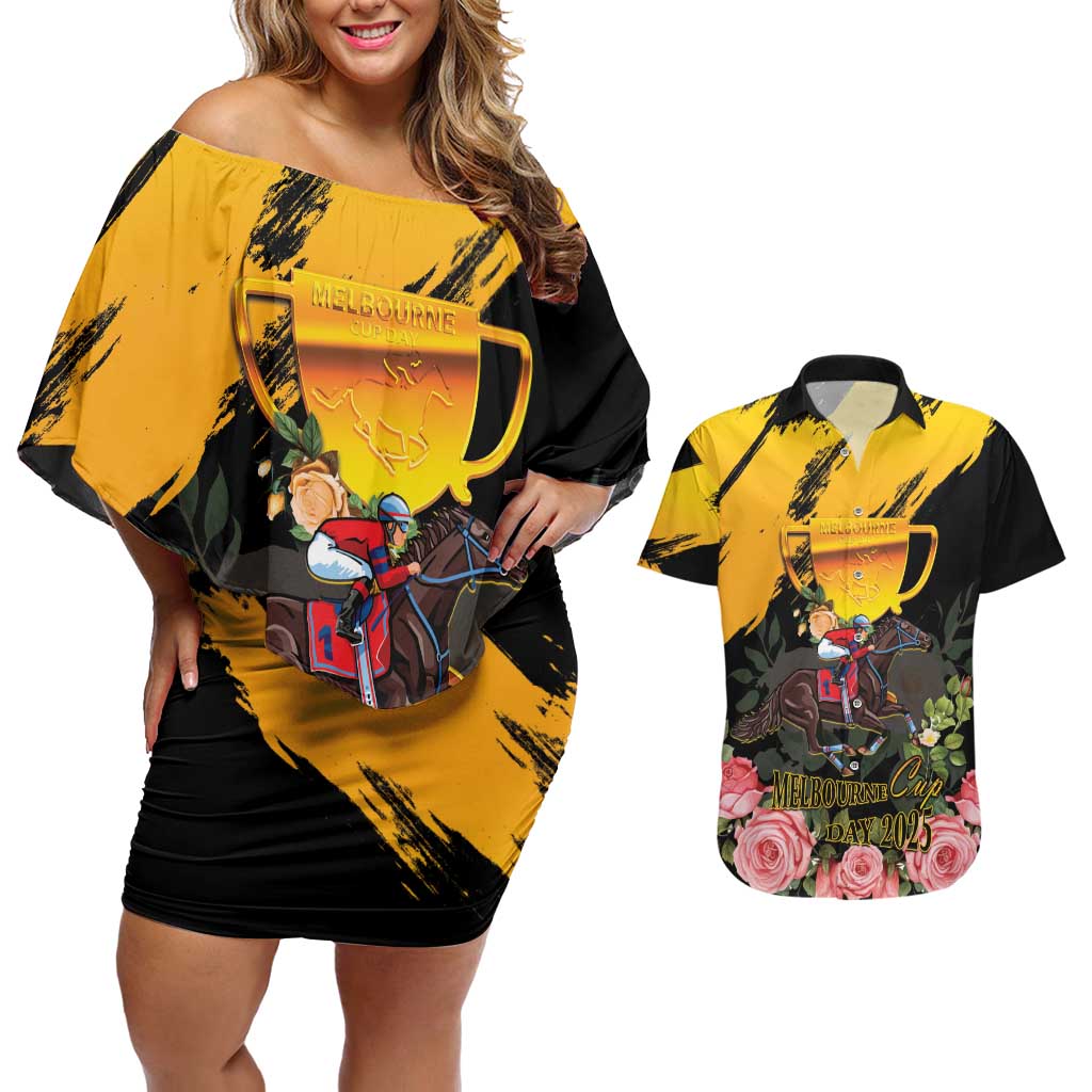 Personalised Australia Melbourne Cup Day Couples Matching Off Shoulder Short Dress and Hawaiian Shirt Horse Racing Trophy With Roses - Wonder Print Shop