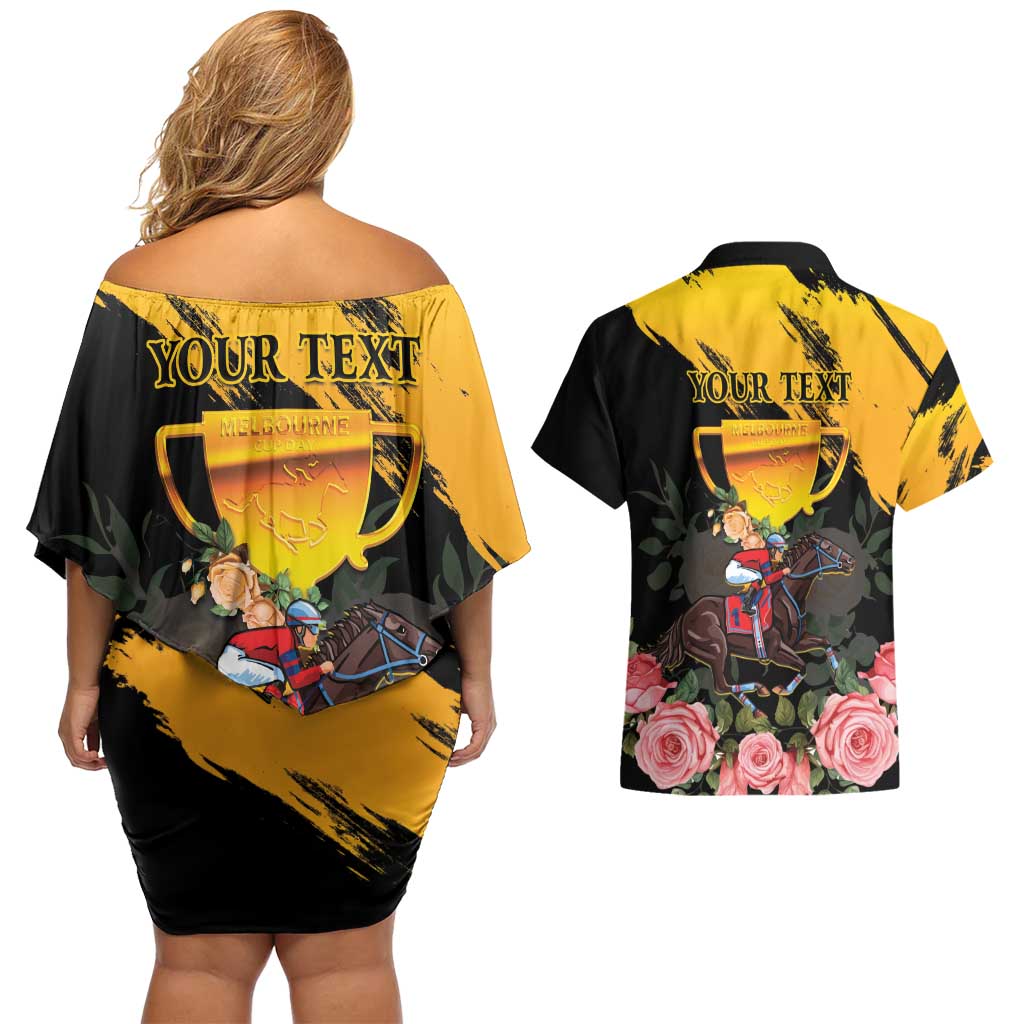 Personalised Australia Melbourne Cup Day Couples Matching Off Shoulder Short Dress and Hawaiian Shirt Horse Racing Trophy With Roses - Wonder Print Shop