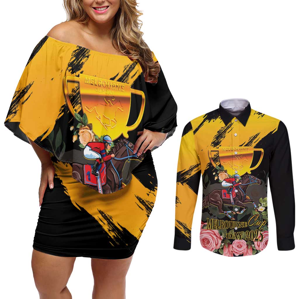 Personalised Australia Melbourne Cup Day Couples Matching Off Shoulder Short Dress and Long Sleeve Button Shirt Horse Racing Trophy With Roses - Wonder Print Shop