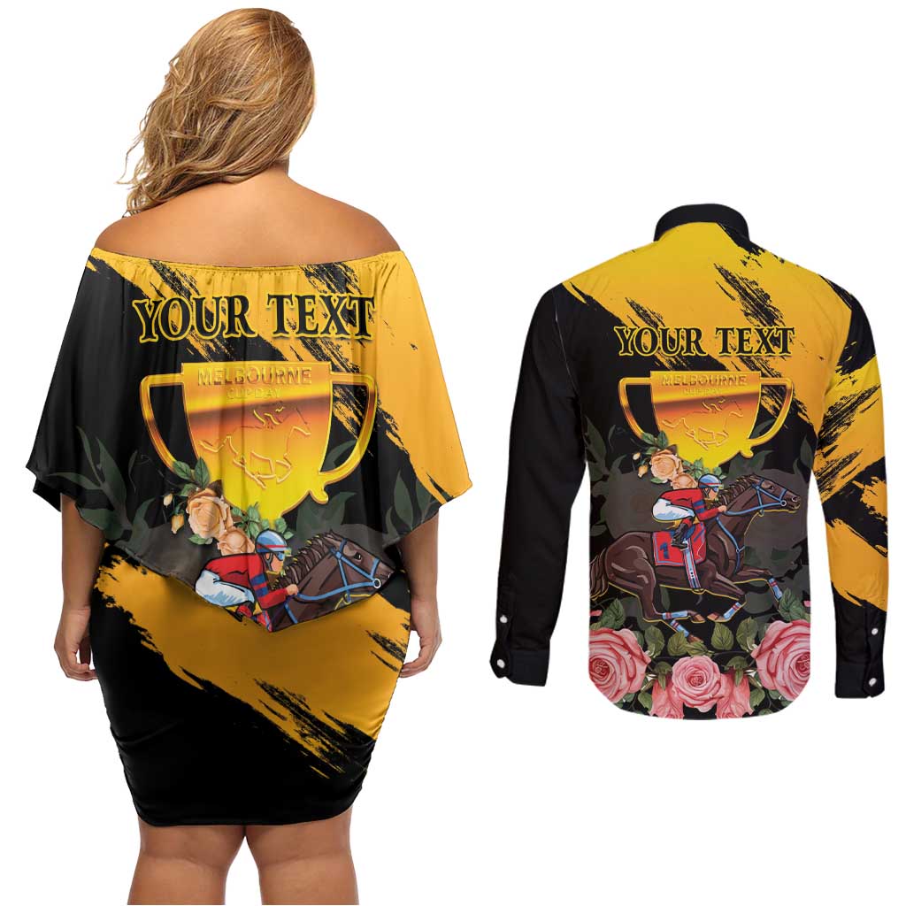 Personalised Australia Melbourne Cup Day Couples Matching Off Shoulder Short Dress and Long Sleeve Button Shirt Horse Racing Trophy With Roses - Wonder Print Shop