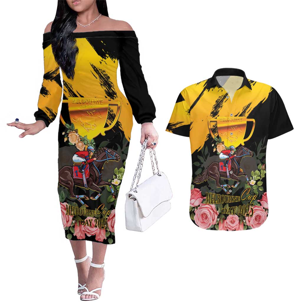 Personalised Australia Melbourne Cup Day Couples Matching Off The Shoulder Long Sleeve Dress and Hawaiian Shirt Horse Racing Trophy With Roses - Wonder Print Shop