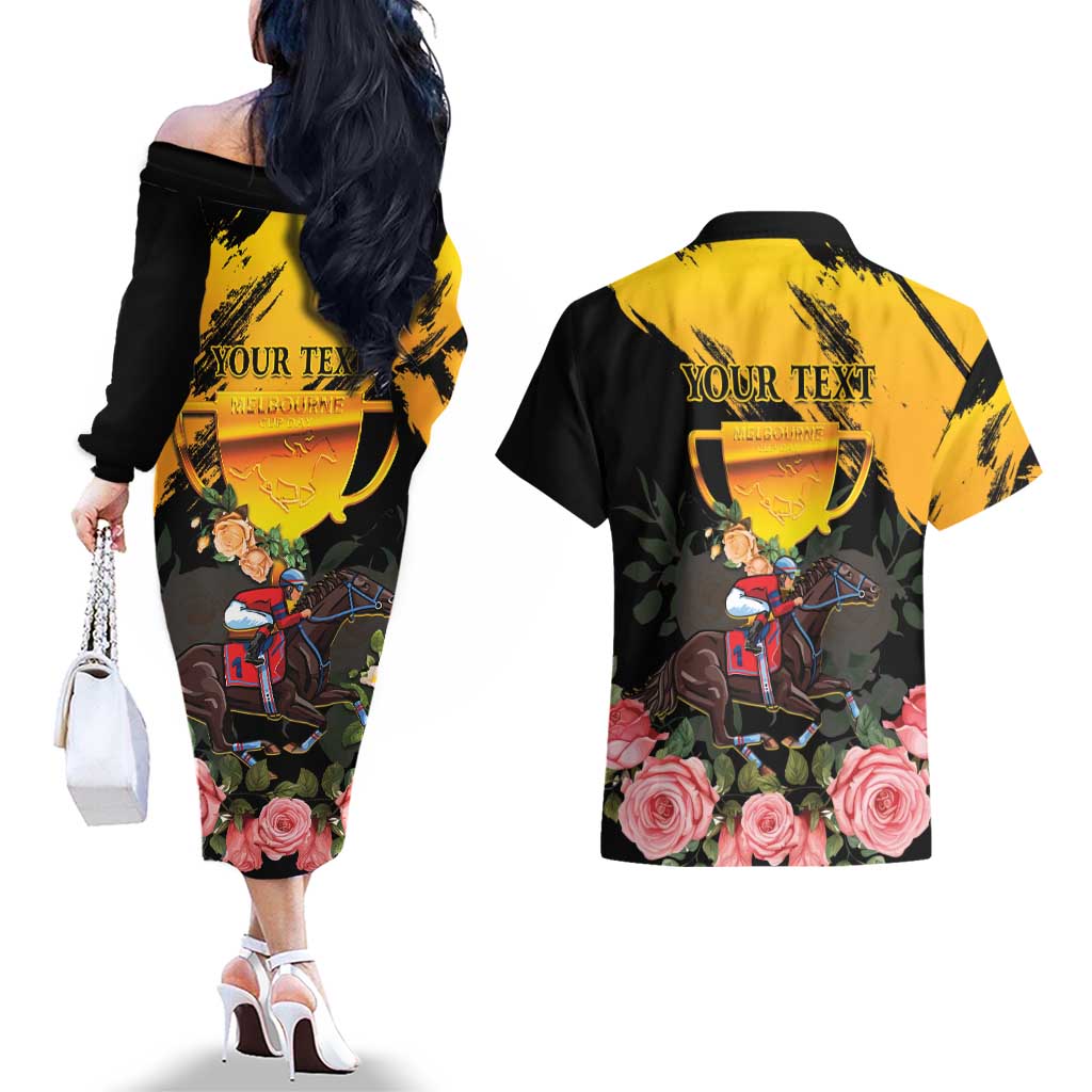 Personalised Australia Melbourne Cup Day Couples Matching Off The Shoulder Long Sleeve Dress and Hawaiian Shirt Horse Racing Trophy With Roses - Wonder Print Shop