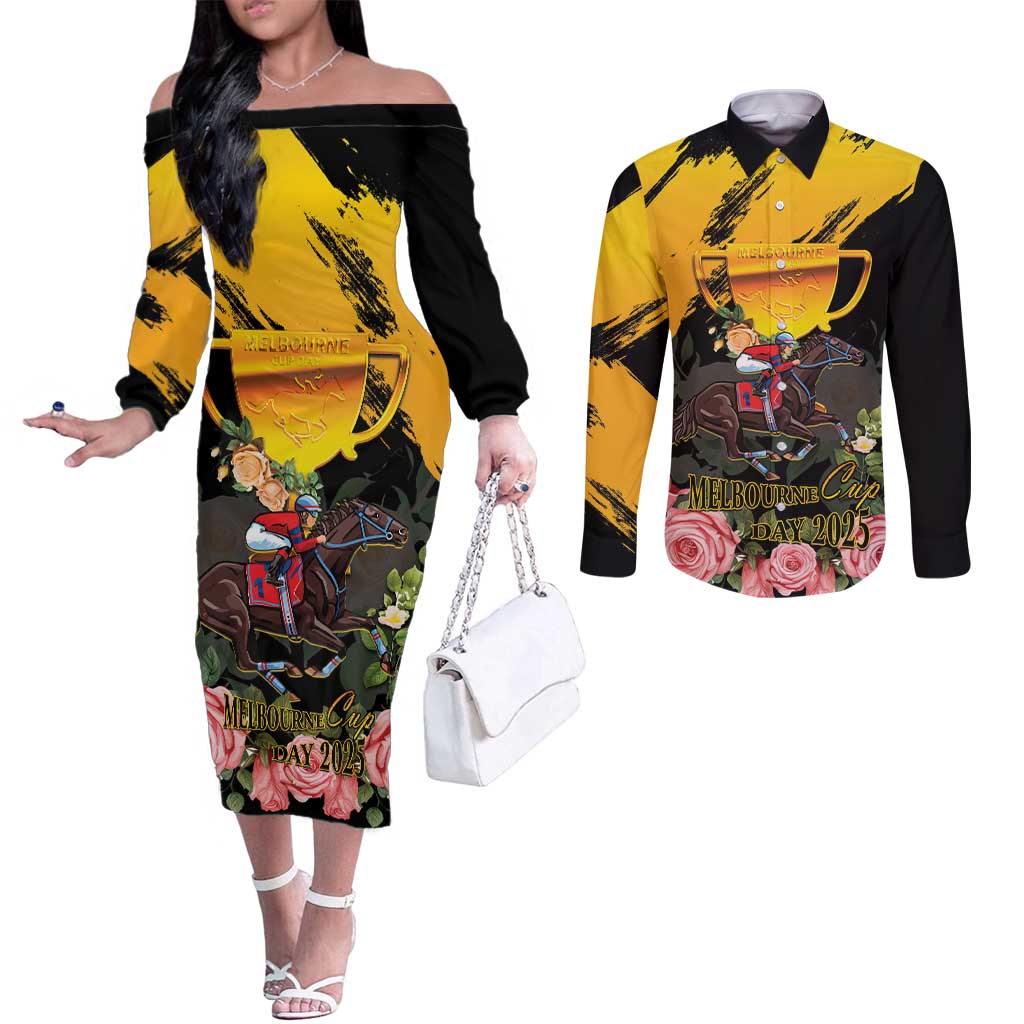 Personalised Australia Melbourne Cup Day Couples Matching Off The Shoulder Long Sleeve Dress and Long Sleeve Button Shirt Horse Racing Trophy With Roses - Wonder Print Shop
