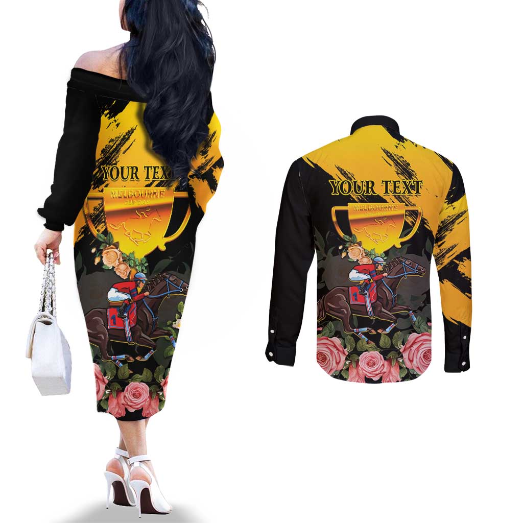 Personalised Australia Melbourne Cup Day Couples Matching Off The Shoulder Long Sleeve Dress and Long Sleeve Button Shirt Horse Racing Trophy With Roses - Wonder Print Shop