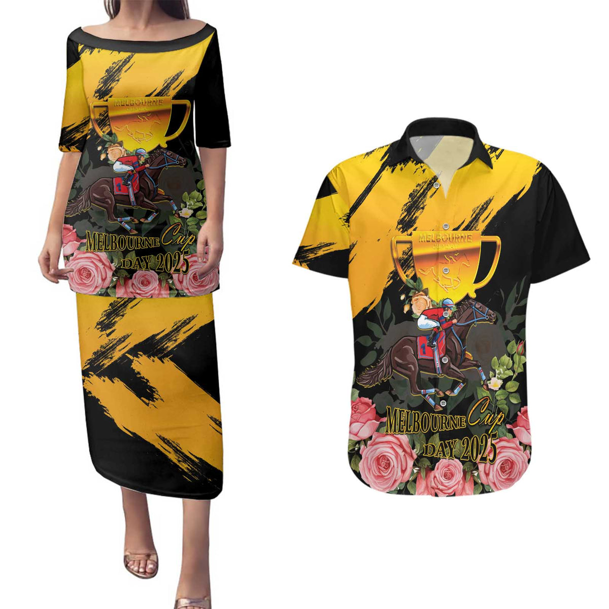 Personalised Australia Melbourne Cup Day Couples Matching Puletasi and Hawaiian Shirt Horse Racing Trophy With Roses - Wonder Print Shop