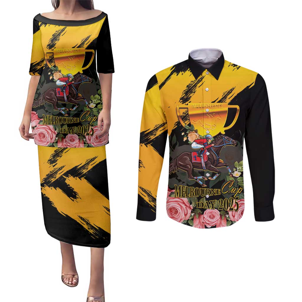 Personalised Australia Melbourne Cup Day Couples Matching Puletasi and Long Sleeve Button Shirt Horse Racing Trophy With Roses - Wonder Print Shop