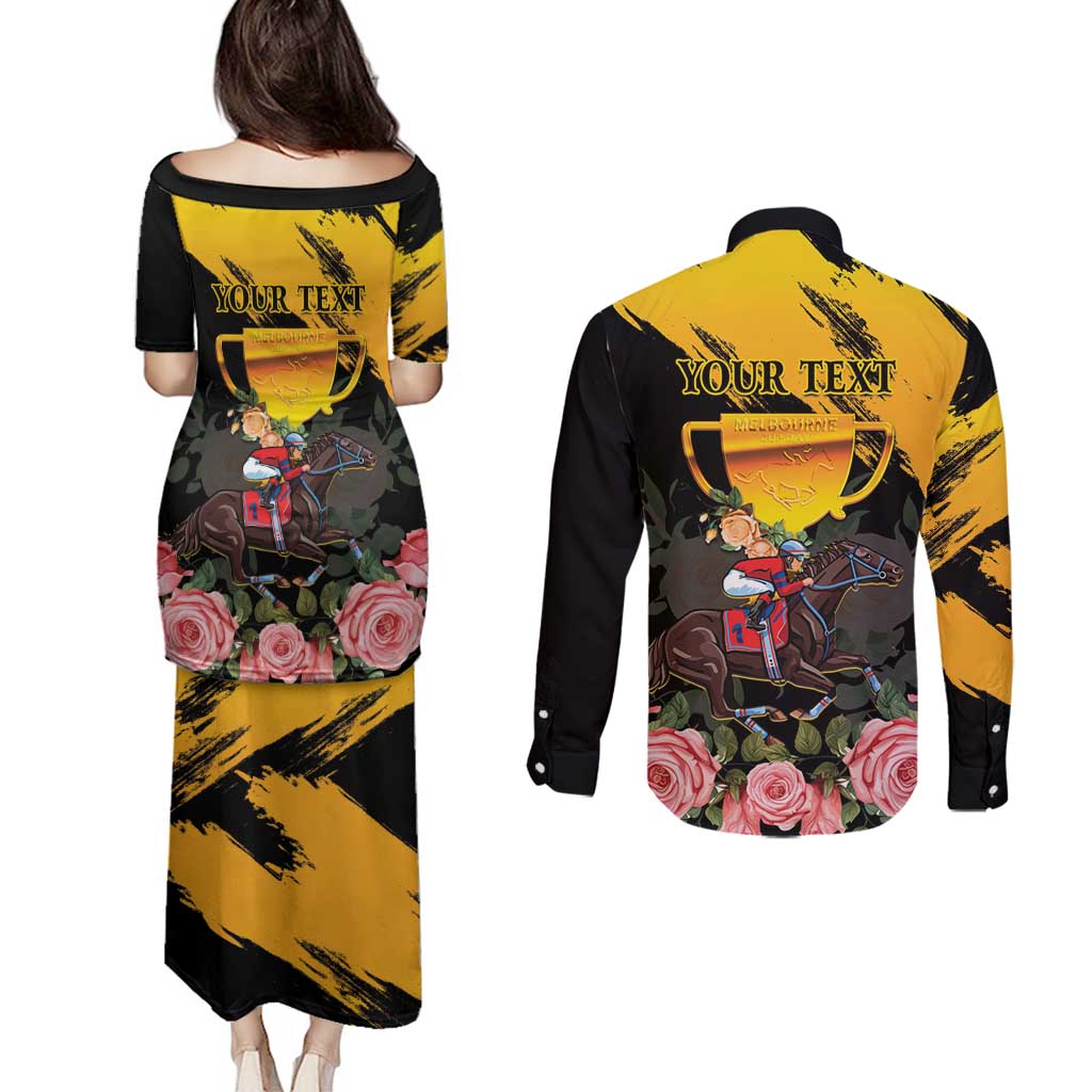 Personalised Australia Melbourne Cup Day Couples Matching Puletasi and Long Sleeve Button Shirt Horse Racing Trophy With Roses - Wonder Print Shop