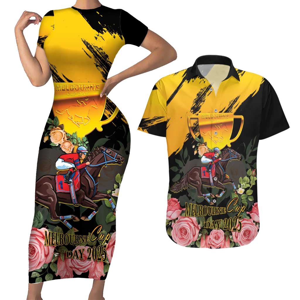 Personalised Australia Melbourne Cup Day Couples Matching Short Sleeve Bodycon Dress and Hawaiian Shirt Horse Racing Trophy With Roses - Wonder Print Shop