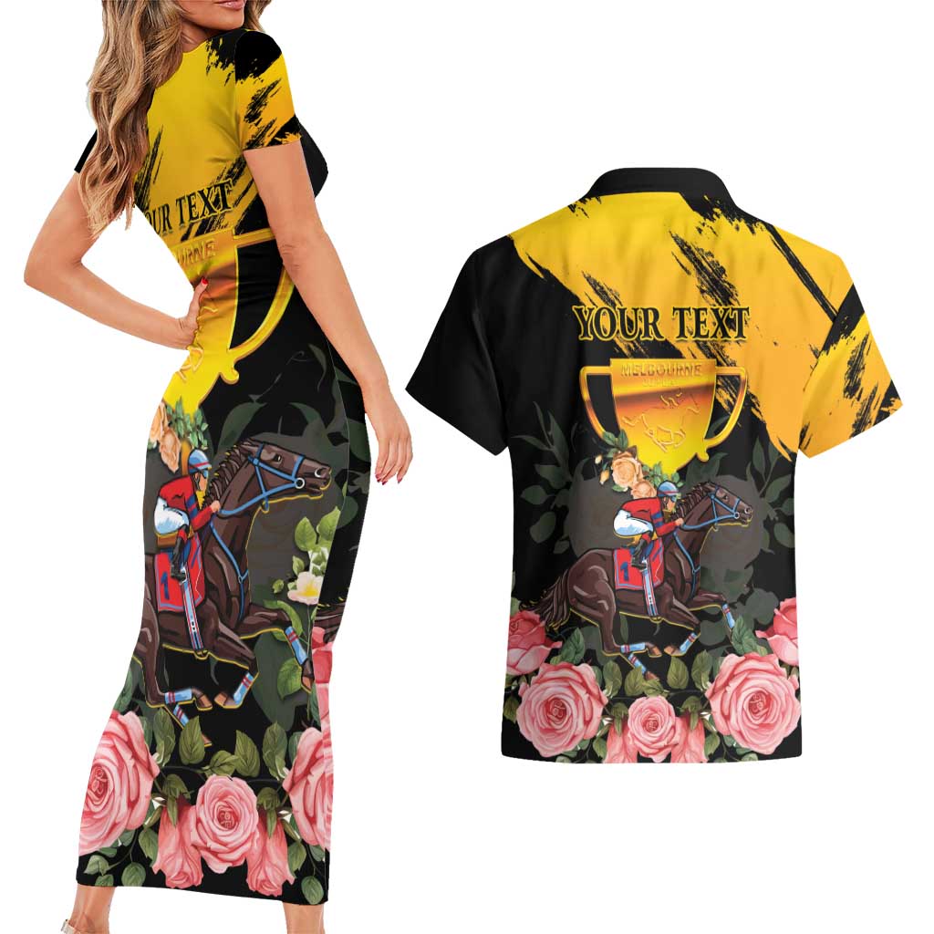 Personalised Australia Melbourne Cup Day Couples Matching Short Sleeve Bodycon Dress and Hawaiian Shirt Horse Racing Trophy With Roses - Wonder Print Shop
