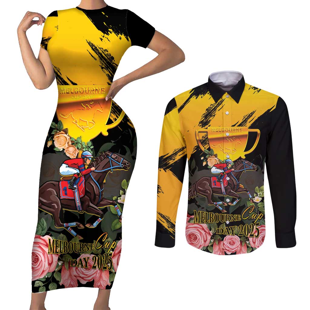 Personalised Australia Melbourne Cup Day Couples Matching Short Sleeve Bodycon Dress and Long Sleeve Button Shirt Horse Racing Trophy With Roses - Wonder Print Shop