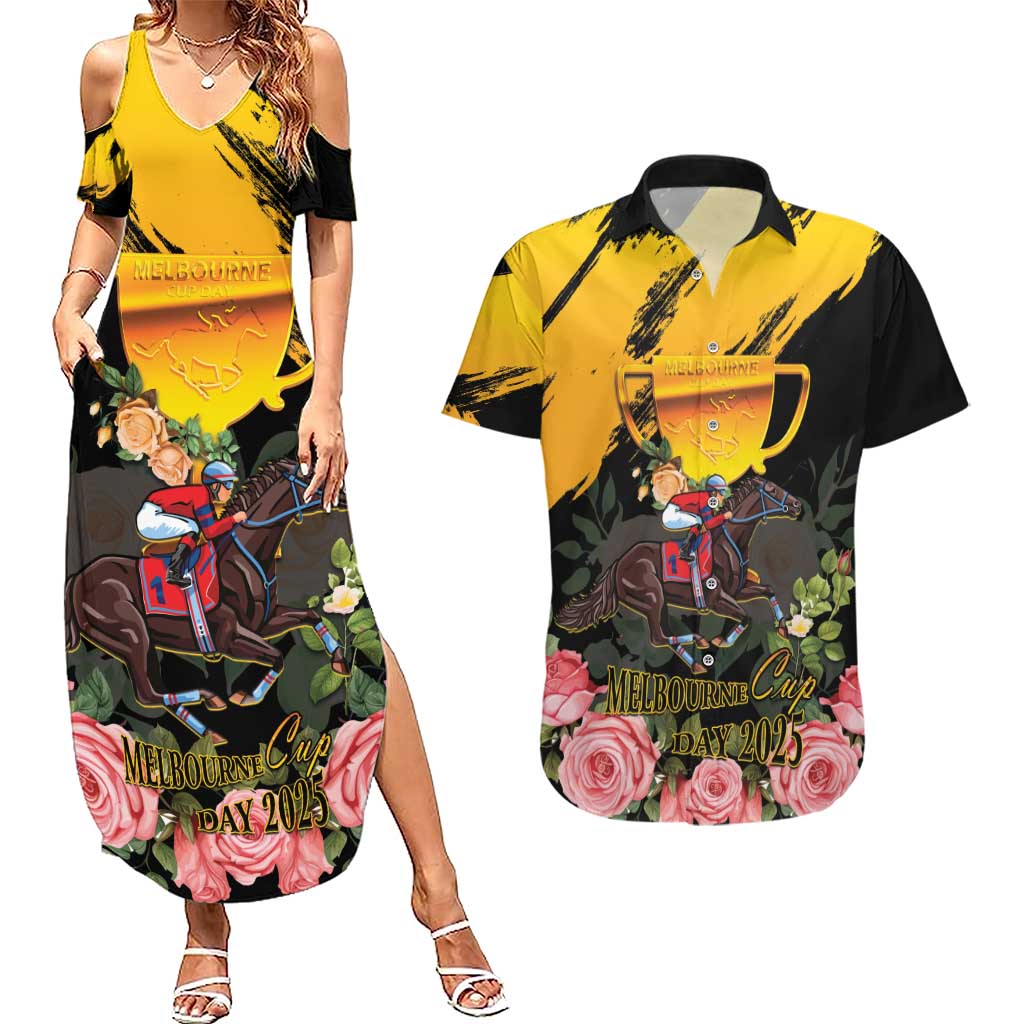 Personalised Australia Melbourne Cup Day Couples Matching Summer Maxi Dress and Hawaiian Shirt Horse Racing Trophy With Roses - Wonder Print Shop