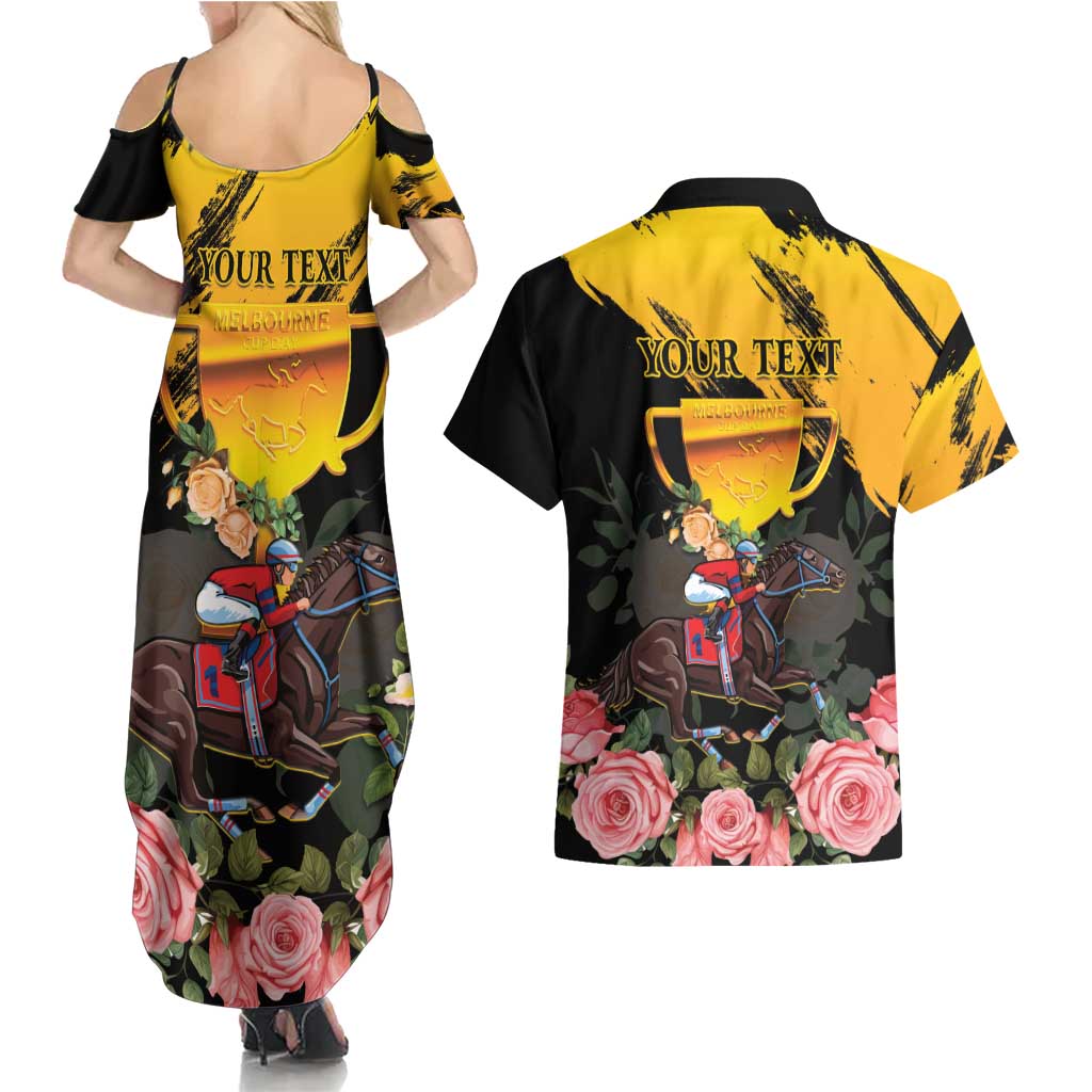 Personalised Australia Melbourne Cup Day Couples Matching Summer Maxi Dress and Hawaiian Shirt Horse Racing Trophy With Roses - Wonder Print Shop