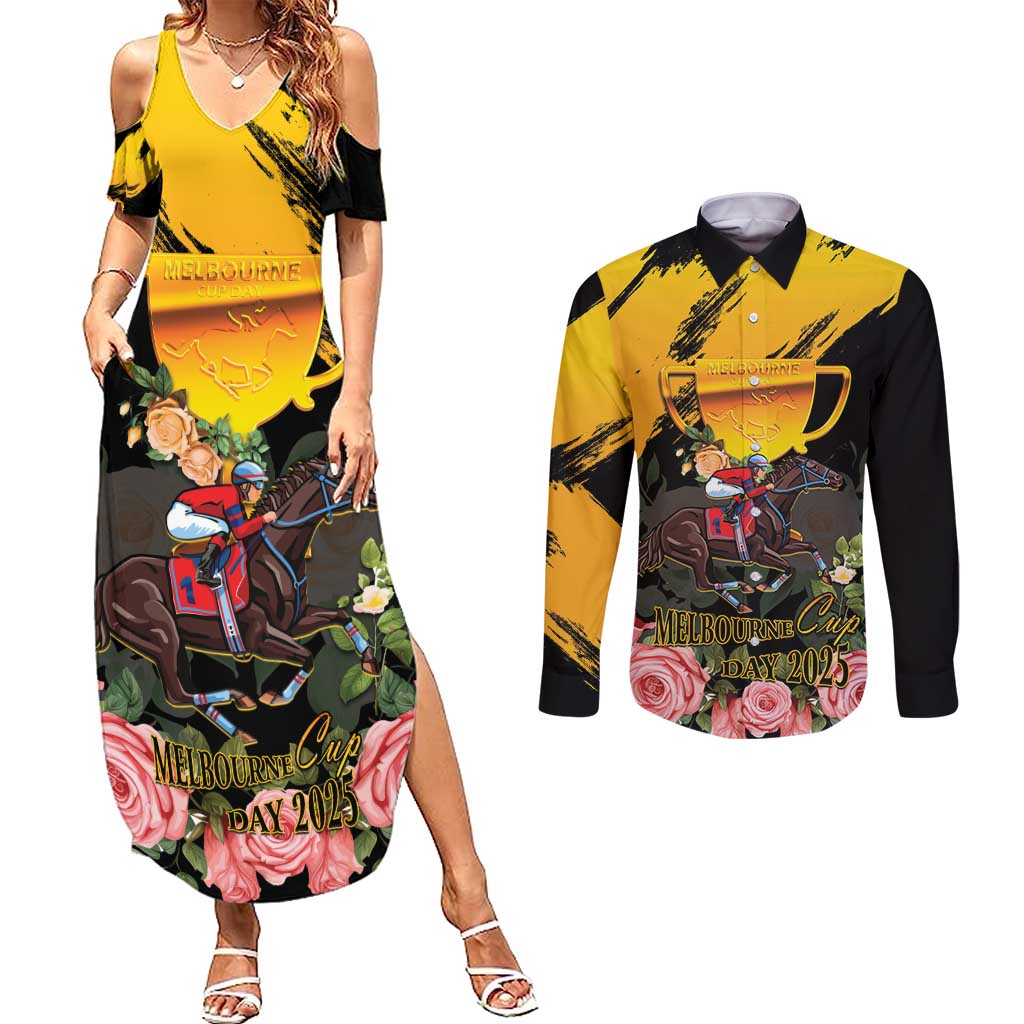 Personalised Australia Melbourne Cup Day Couples Matching Summer Maxi Dress and Long Sleeve Button Shirt Horse Racing Trophy With Roses - Wonder Print Shop