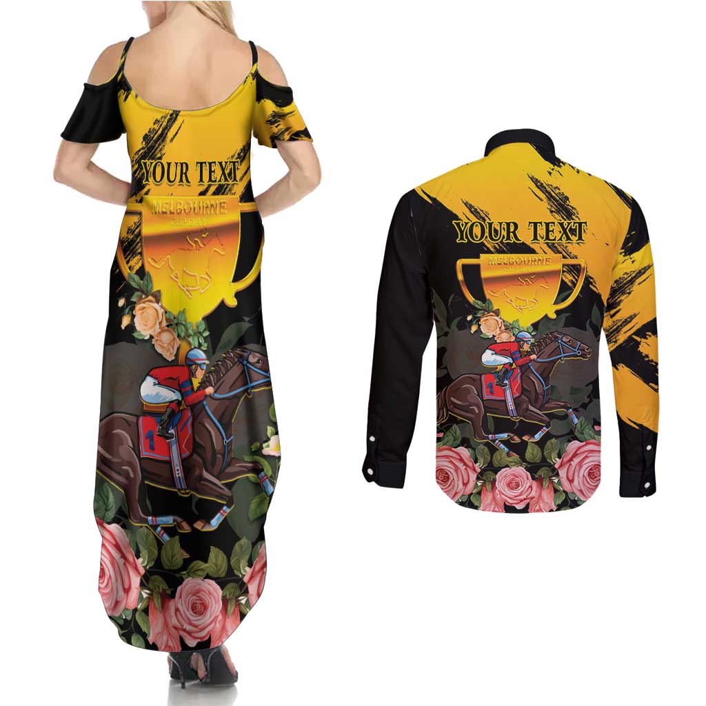 Personalised Australia Melbourne Cup Day Couples Matching Summer Maxi Dress and Long Sleeve Button Shirt Horse Racing Trophy With Roses - Wonder Print Shop