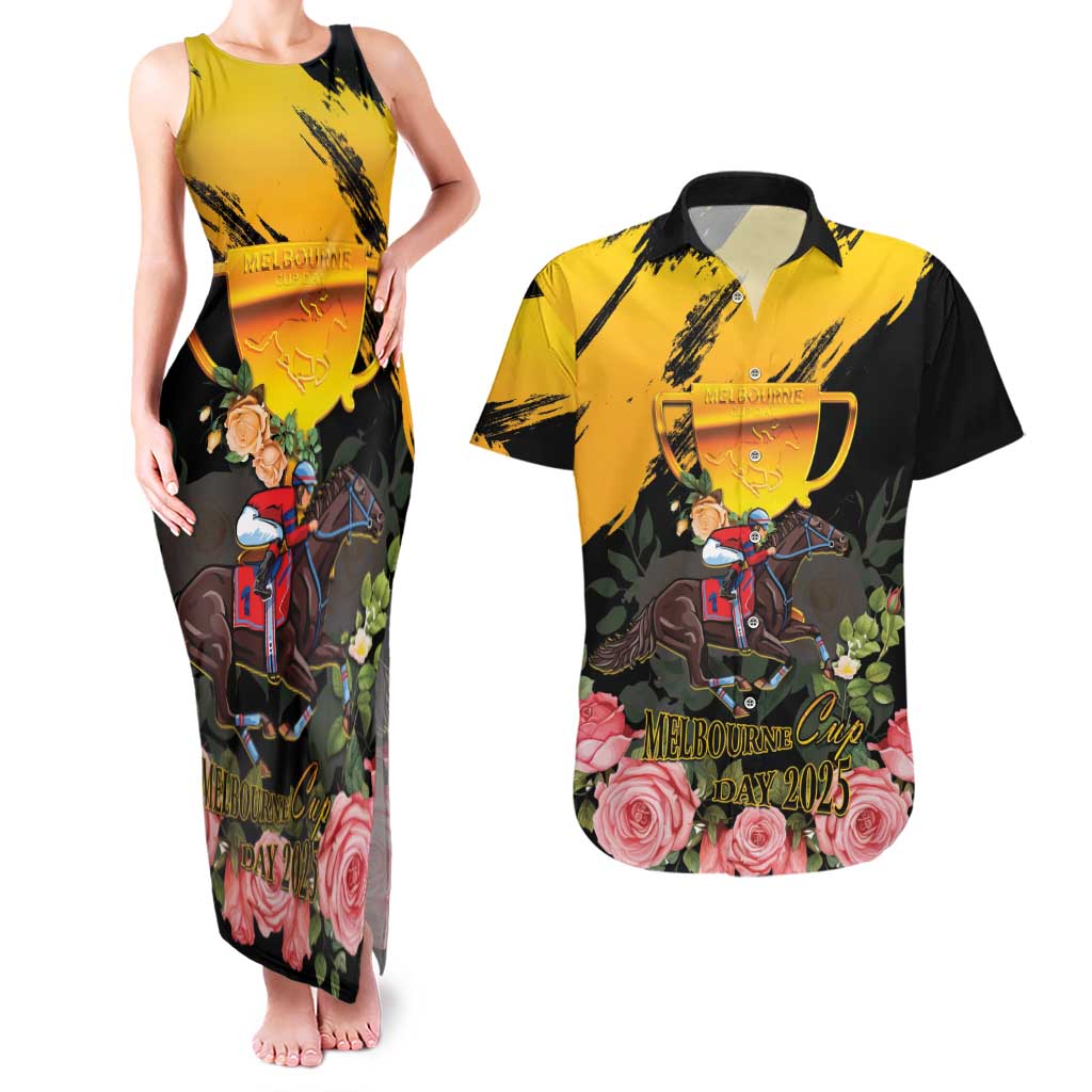 Personalised Australia Melbourne Cup Day Couples Matching Tank Maxi Dress and Hawaiian Shirt Horse Racing Trophy With Roses - Wonder Print Shop